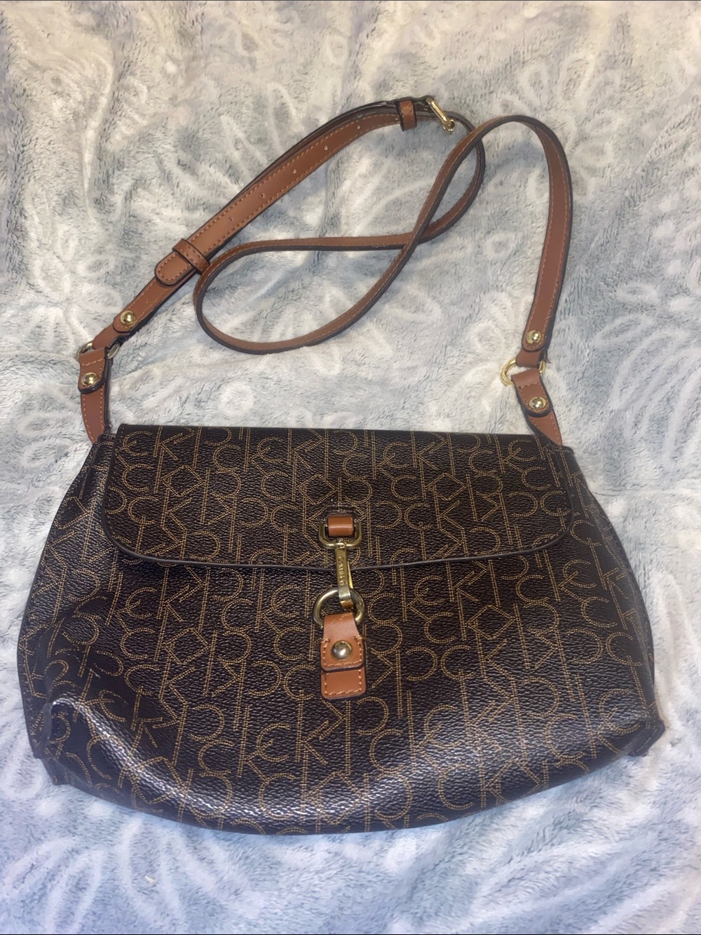 Calvin Klein Brown Monogram Crossbody Bag with Tan Leather Strap